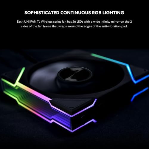 Close up look at the dual zone addressable RGB illumination on the black Lian Li TL wireless fan.