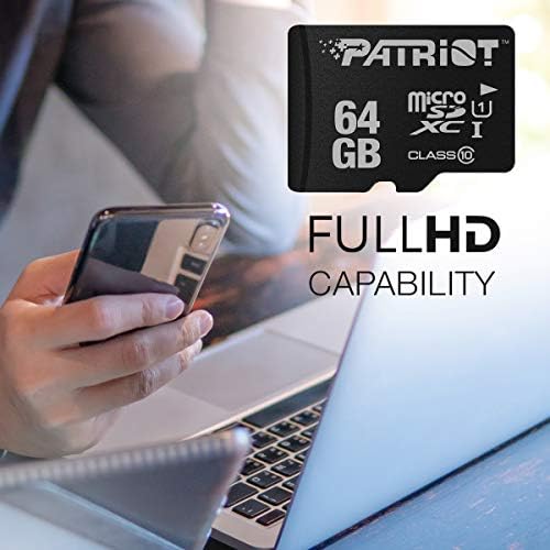 Patriot 64GB Micro SDXC memory card highlighting the official product branding text.