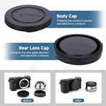 Both pieces of the JJC black protective camera cap set side by side.