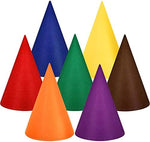 Close up of colorful felt cone costume hats for adults