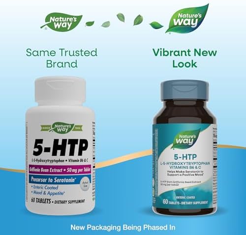 Nature's Way 5-HTP dietary supplement nutritional facts label showing Griffonia bean extract and Vitamin B6