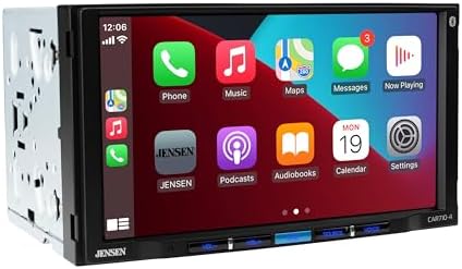 Jensen seven inch car radio displaying the built in Bluetooth phonebook sync feature.