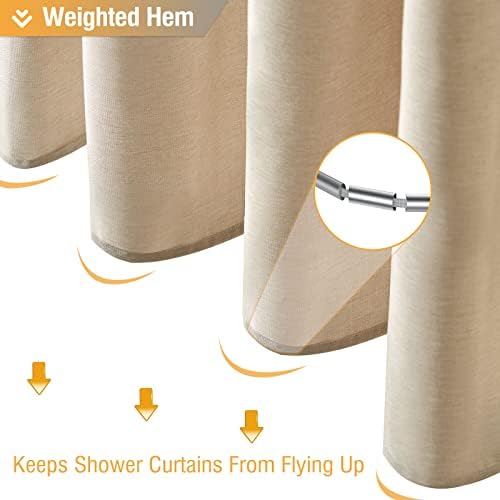 BTTN bathroom curtain set package inclusion showing the premium beige fabric alongside the twelve durable plastic hanging hooks.