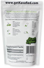 Side view of authentic Kavafied Noble Vanuatu kava powder pack highlighting clean botanical ingredients.