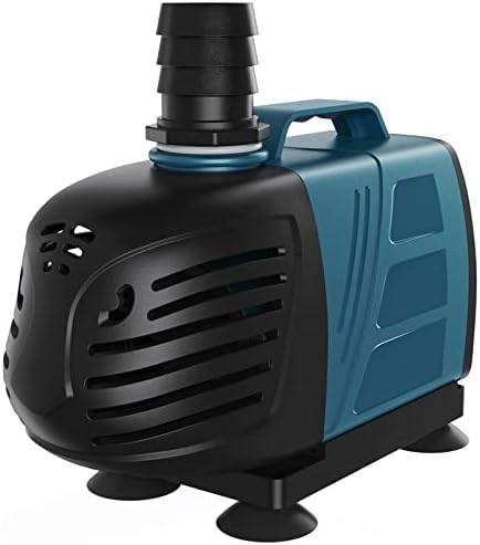 Uniclife 80W inline water pump showing three included plastic nozzles and top handle