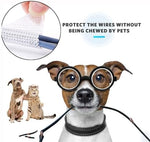 White pet proof cord protector sleeve wrapping around a smartphone charging cable on a desk.
