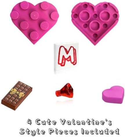 Close up view of the imported holiday brick set accessories including miniature pink hearts and a chocolate bar.