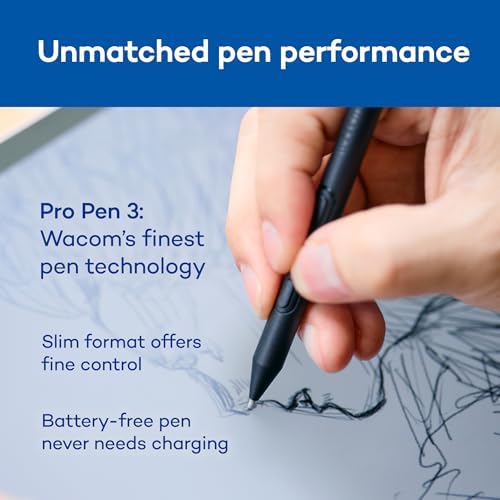 Wacom MovinkPad Pro 14 professional illustration tablet showing the built in stylus compartment and included pen nib accessories.