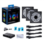 The complete Lian Li triple pack kit contents including three black hardware fans, connection wires, mounting screws, and the controller hub.