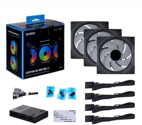 The complete Lian Li triple pack kit contents including three black hardware fans, connection wires, mounting screws, and the controller hub.