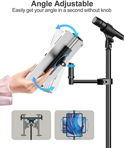Heavy-duty aluminum tablet mount for microphone stand holding a large thirteen inch tablet with a thick casing.