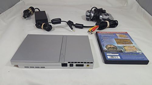 Sleek profile view of the lightweight silver PlayStation 2 home console design.