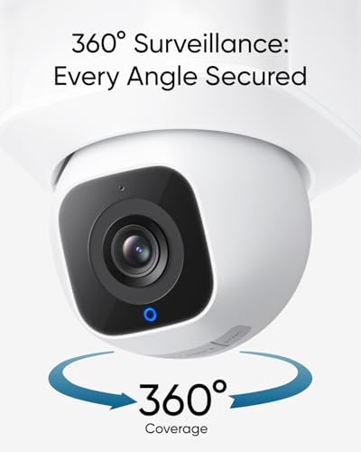 Eufy E30 outdoor security camera mounted on a residential wall demonstrating three sixty degree panning capability