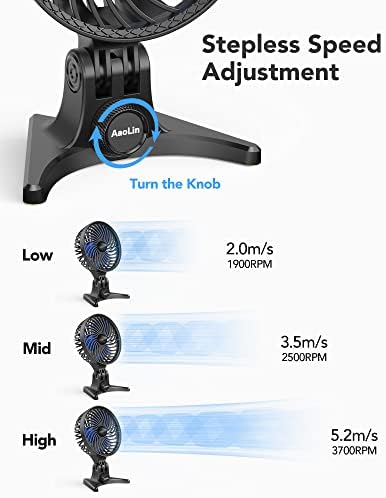 Close-up of the AaoLin personal table fan highlighting the stepless variable speed transmission rotary control knob