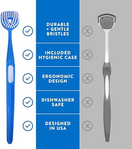 Mouthology tongue cleaner showing the low-profile design engineered to reduce the gag reflex.