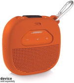 Tailor made orange shockproof silicone case with portable carabiner attached to outdoor speaker.