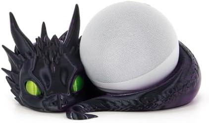Dark purple 3D printed dragon stand holding an Echo Dot speaker