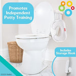 Fisher-Price baby toilet training seat next to the included white storage hook for bathroom organization