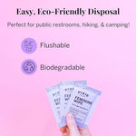 Back of Pixie Cup wipes packaging showing ingredients and eco-friendly certifications