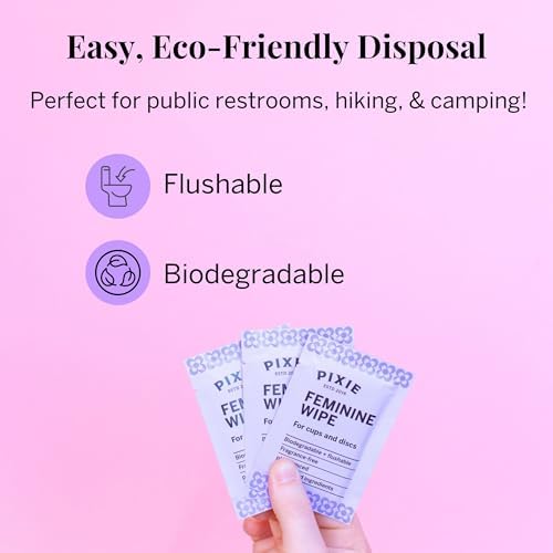 Back of Pixie Cup wipes packaging showing ingredients and eco-friendly certifications