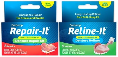 Dentemp denture repair kit components showing powder and liquid bottles