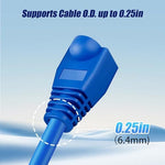 Close up view of blue strain relief boot installed on a network cable protecting the rj45 connector tab.