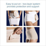 Seamless beige ostomy garment for hernia prevention and active lifestyle