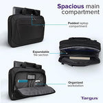 Side perspective of Targus travel laptop bag displaying the removable padded shoulder strap and soft touch handle.