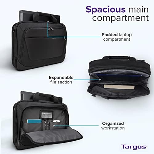 Side perspective of Targus travel laptop bag displaying the removable padded shoulder strap and soft touch handle.