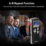Portable voice activated recorder alongside earphones highlighting the integrated MP3 player feature.