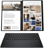 ASUS Zenbook Duo touchscreen laptop demonstrating the integrated kickstand deployment on a sleek office desk