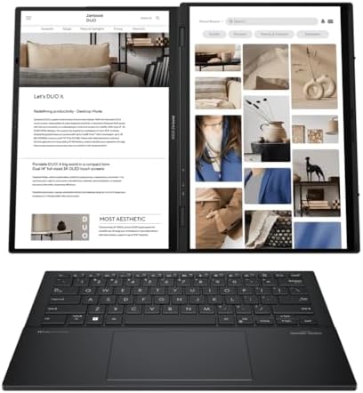 ASUS Zenbook Duo touchscreen laptop demonstrating the integrated kickstand deployment on a sleek office desk