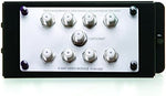 Legrand coaxial cable splitter module with mounting bracket for structured enclosures.