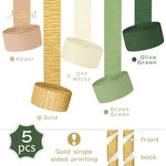 Olive green and gold wrinkled crepe paper streamers for boho wedding.
