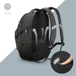 Swissdigital Design Commuter Backpack demonstrating the rear add a bag luggage strap on a suitcase handle