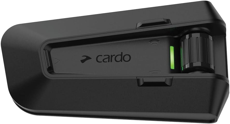 Cardo Packtalk Pro motorcycle helmet communication system intercom front view showing matte black finish and control buttons