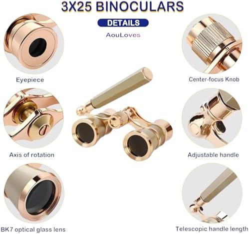 Vintage style 3X25 theatre binoculars close up on premium optical glass lenses