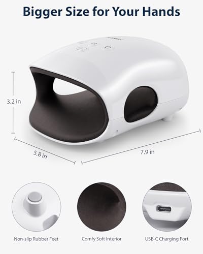 Rechargeable hand wellness device shown next to its charging cable to demonstrate wireless portability.
