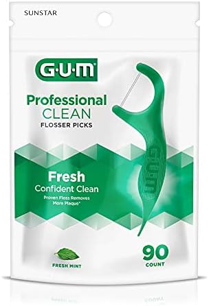 Close up of GUM shred resistant floss pick showing the easy grip handle and fine tip.