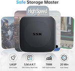 SSK solid state flash drive connected to a modern laptop demonstrating high speed USB three point two data transfer performance