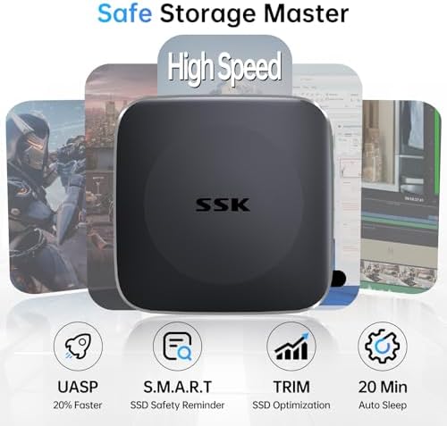 SSK solid state flash drive connected to a modern laptop demonstrating high speed USB three point two data transfer performance