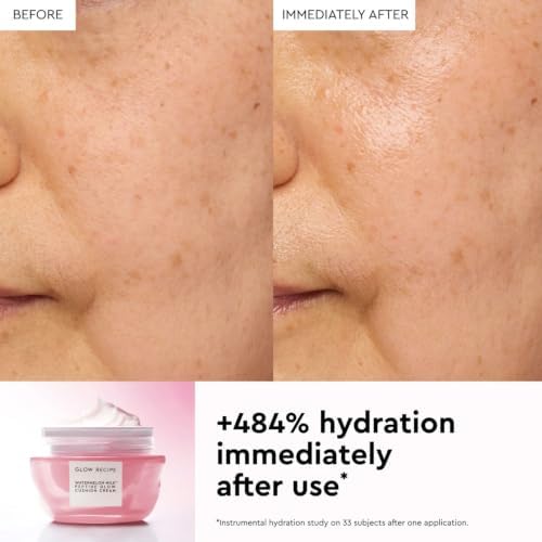 Side angle of the Glow Recipe Peptide Glow Cushion Cream packaging highlighting the clean, silicone-free formulation details.