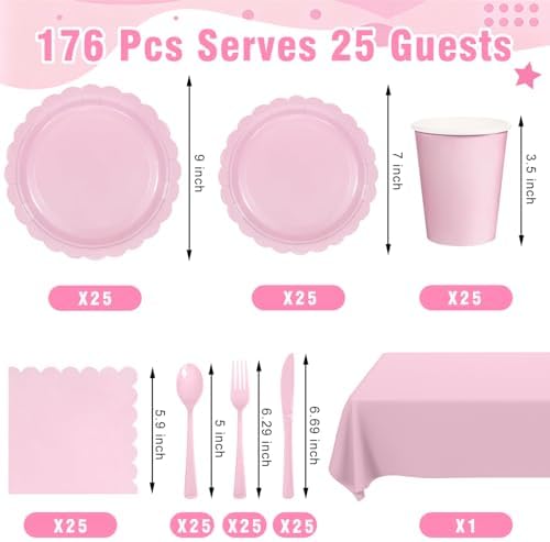 Close up of light pink scalloped disposable party plates and napkins.