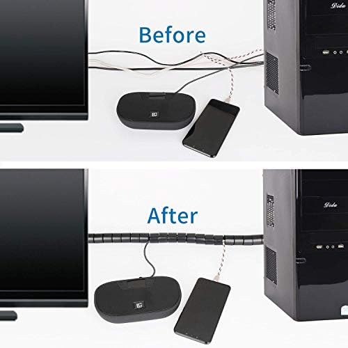 Reliancer heat resistant electrical insulated wire protector sleeve showcasing before and after messy cord organization