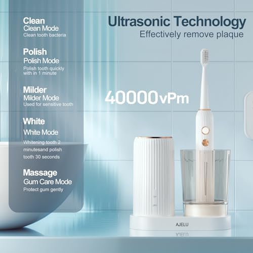 AJELU premium adult sonic toothbrush showcasing the eight replacement brush heads arranged neatly