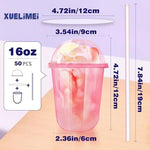 Set of 50 pink disposable stemless plastic cups in clear packaging