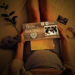 Rustic wooden ultrasound photo frame with glowing LED lights and handmade heart string art detailing.