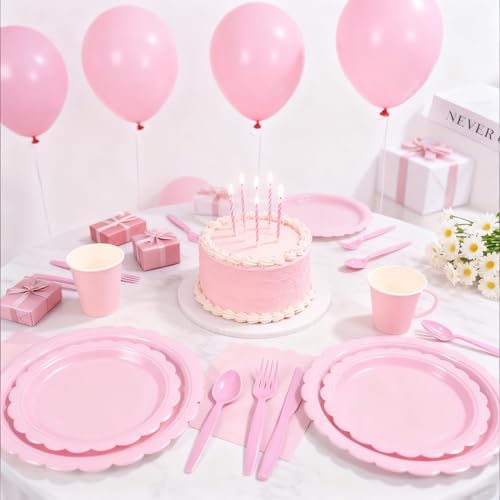 Complete 176 piece pink tableware set for party planning.