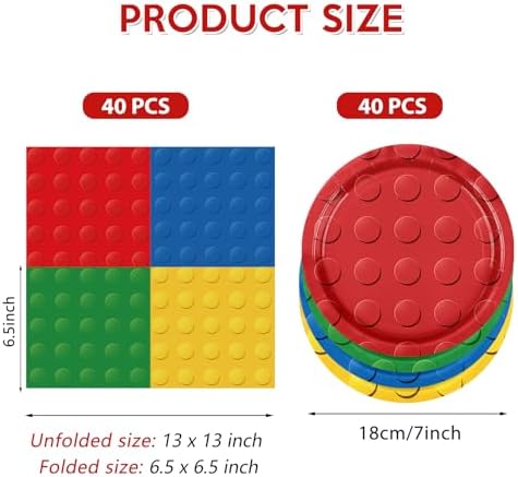 Close up of vibrant red yellow blue and green brick patterned paper plates