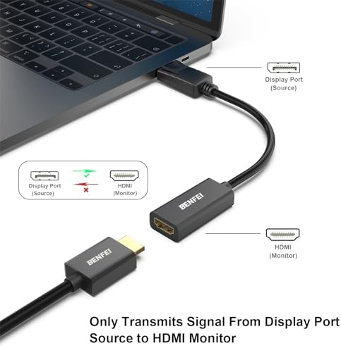 BENFEI DP to HDMI converter pack detailing the secure mechanical latch release button